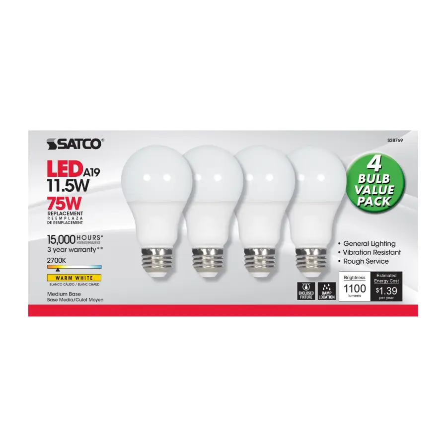 11.5 Watt - A19 LED - 2700K - Medium base - 220 deg. Beam Angle -120 Volt - 4-pack - Image 2