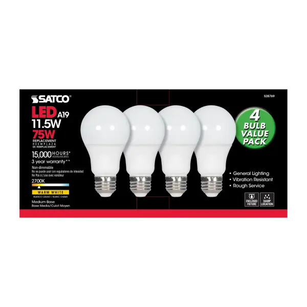 11.5 Watt - A19 LED - 2700K - Medium base - 220 deg. Beam Angle -120 Volt - 4-pack - Image 3