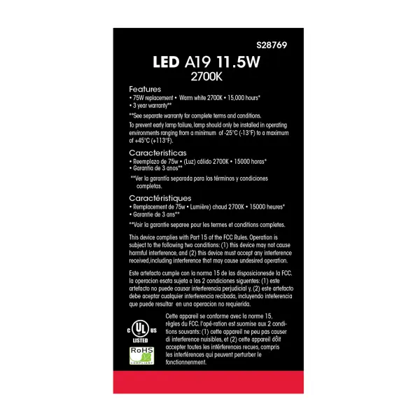 11.5 Watt - A19 LED - 2700K - Medium base - 220 deg. Beam Angle -120 Volt - 4-pack - Image 4