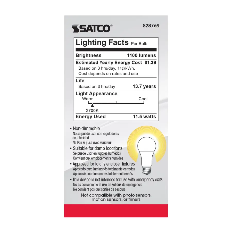 11.5 Watt - A19 LED - 2700K - Medium base - 220 deg. Beam Angle -120 Volt - 4-pack - Image 5