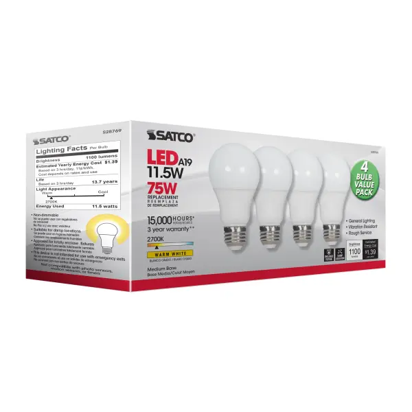 11.5 Watt - A19 LED - 2700K - Medium base - 220 deg. Beam Angle -120 Volt - 4-pack - Image 6