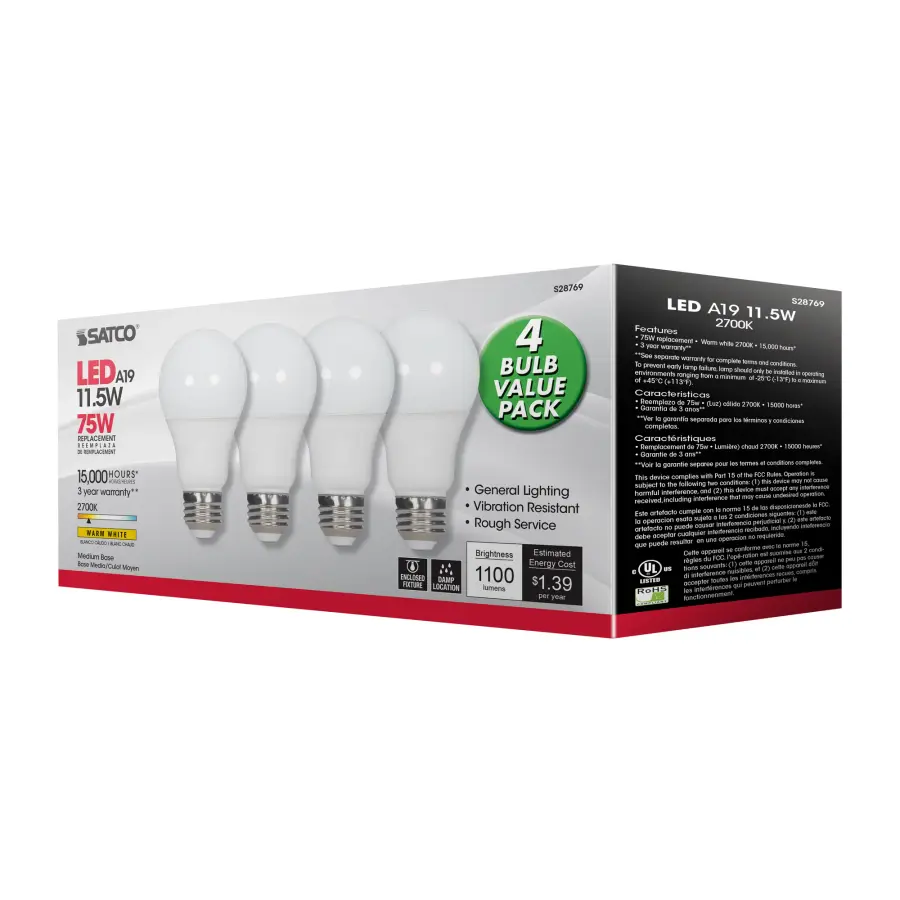 11.5 Watt - A19 LED - 2700K - Medium base - 220 deg. Beam Angle -120 Volt - 4-pack - Image 7