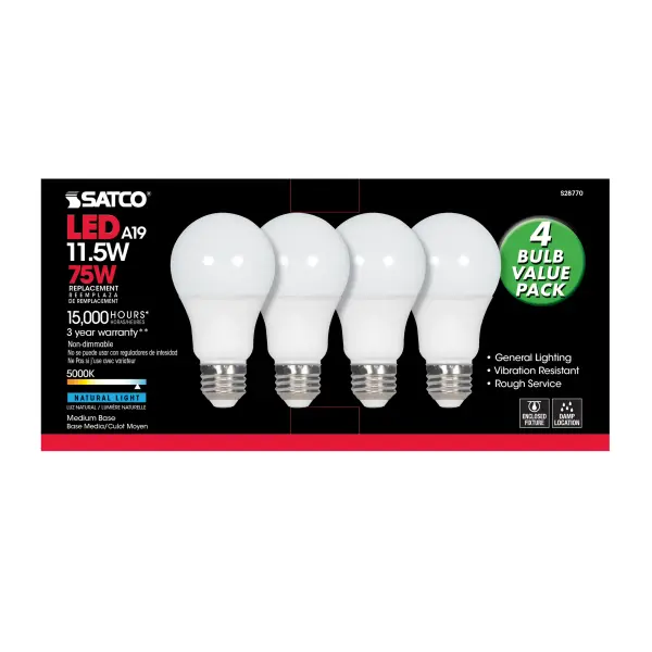 11.5 Watt - A19 LED - 5000K - Medium base - 220 deg. Beam Angle -120 Volt - 4-pack - Image 3