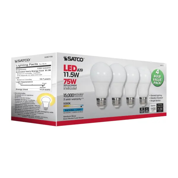 11.5 Watt - A19 LED - 5000K - Medium base - 220 deg. Beam Angle -120 Volt - 4-pack - Image 6