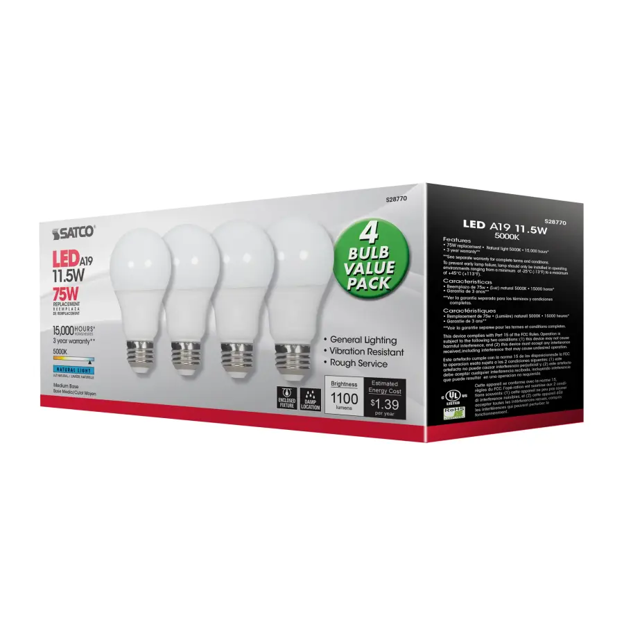 11.5 Watt - A19 LED - 5000K - Medium base - 220 deg. Beam Angle -120 Volt - 4-pack - Image 7