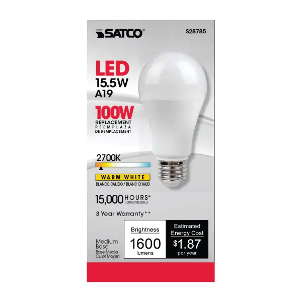 15.5 Watt - A19 LED - 2700K - Medium base - 220 deg. Beam Angle -120 Volt - alternate view