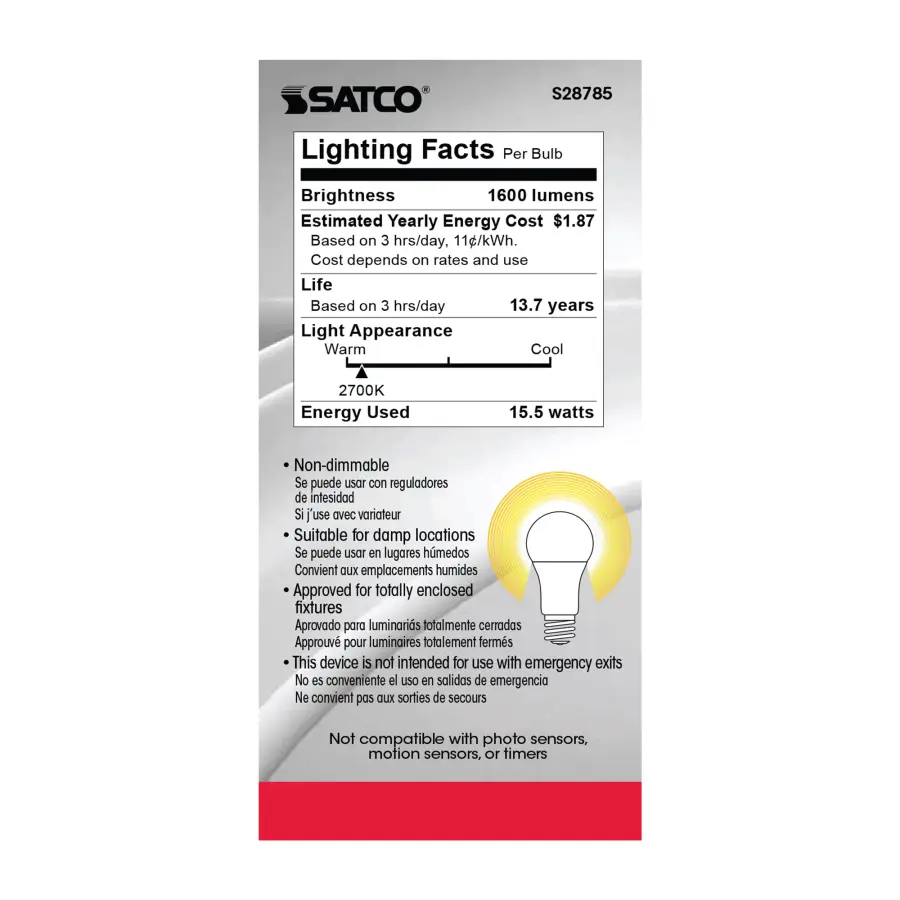 15.5 Watt - A19 LED - 2700K - Medium base - 220 deg. Beam Angle -120 Volt - Image 5