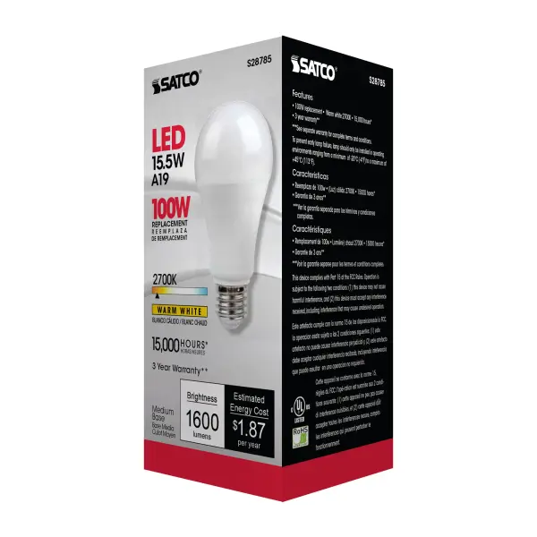 15.5 Watt - A19 LED - 2700K - Medium base - 220 deg. Beam Angle -120 Volt - Image 6
