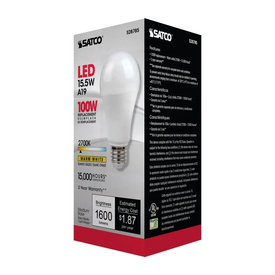 15.5 Watt - A19 LED - 2700K - Medium base - 220 deg. Beam Angle -120 Volt - Image 6
