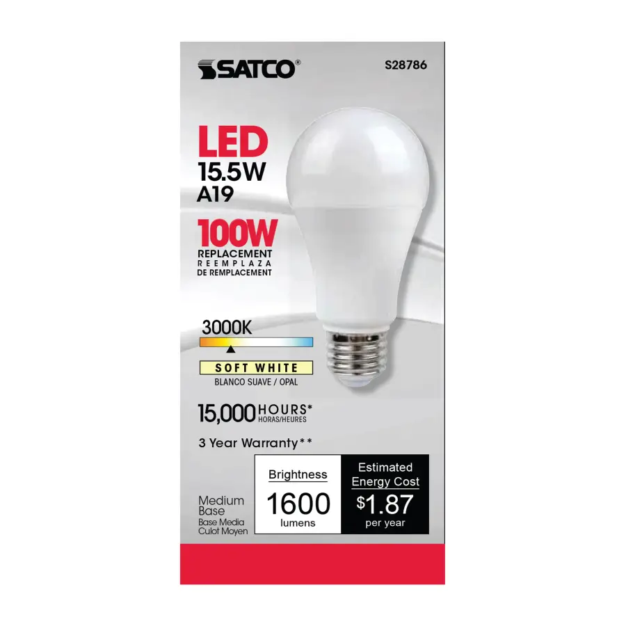 15.5 Watt - A19 LED - 3000K - Medium base - 220 deg. Beam Angle -120 Volt - Image 2