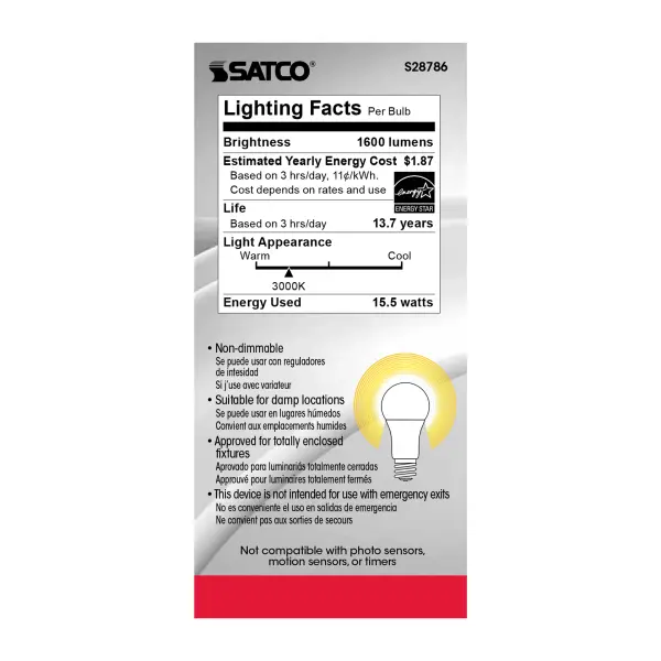 15.5 Watt - A19 LED - 3000K - Medium base - 220 deg. Beam Angle -120 Volt - Image 5