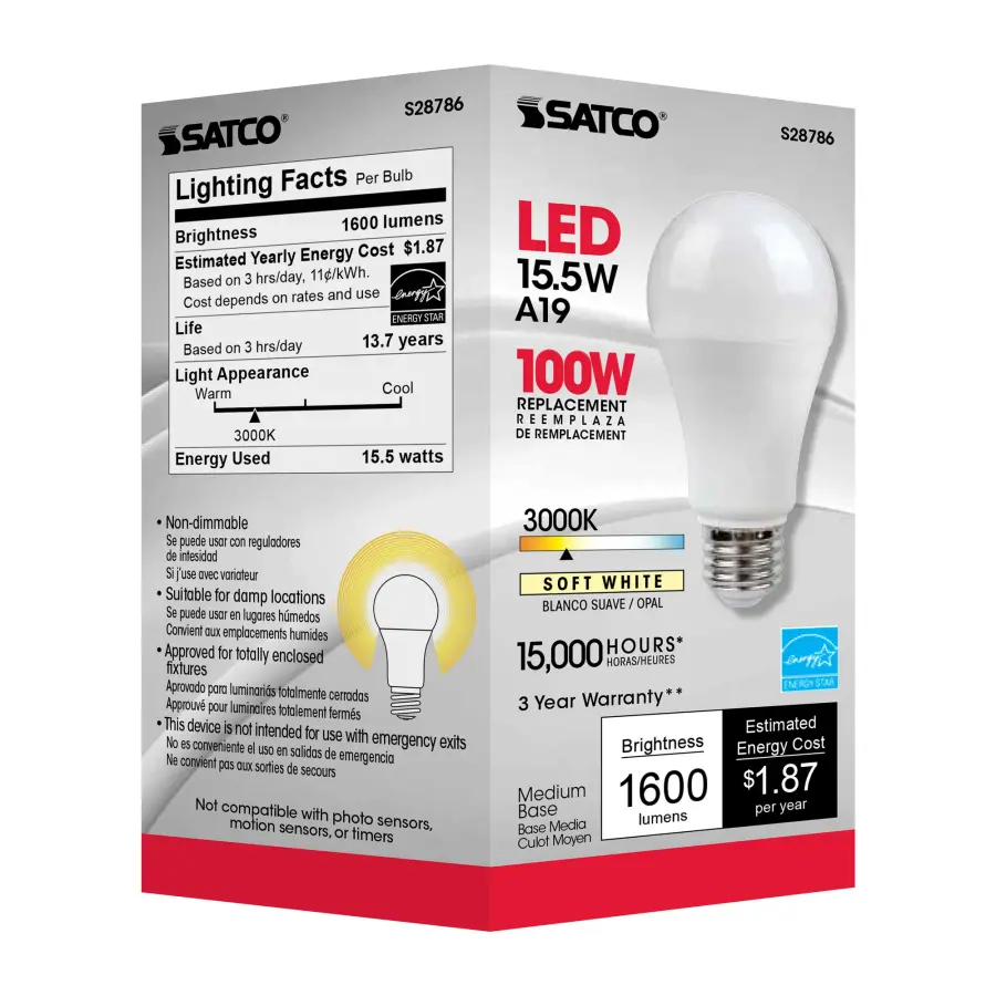 15.5 Watt - A19 LED - 3000K - Medium base - 220 deg. Beam Angle -120 Volt - Image 6