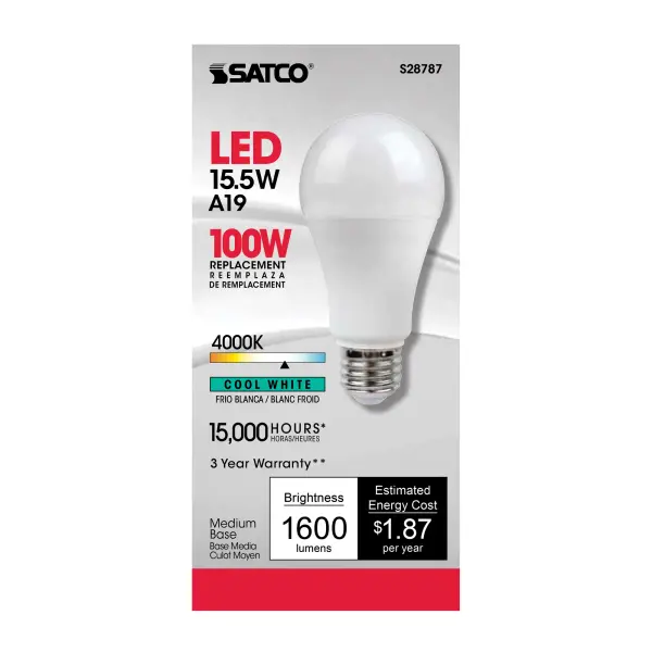15.5 Watt - A19 LED - 4000K - Medium base - 220 deg. Beam Angle -120 Volt - alternate view