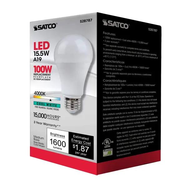 15.5 Watt - A19 LED - 4000K - Medium base - 220 deg. Beam Angle -120 Volt - Image 7