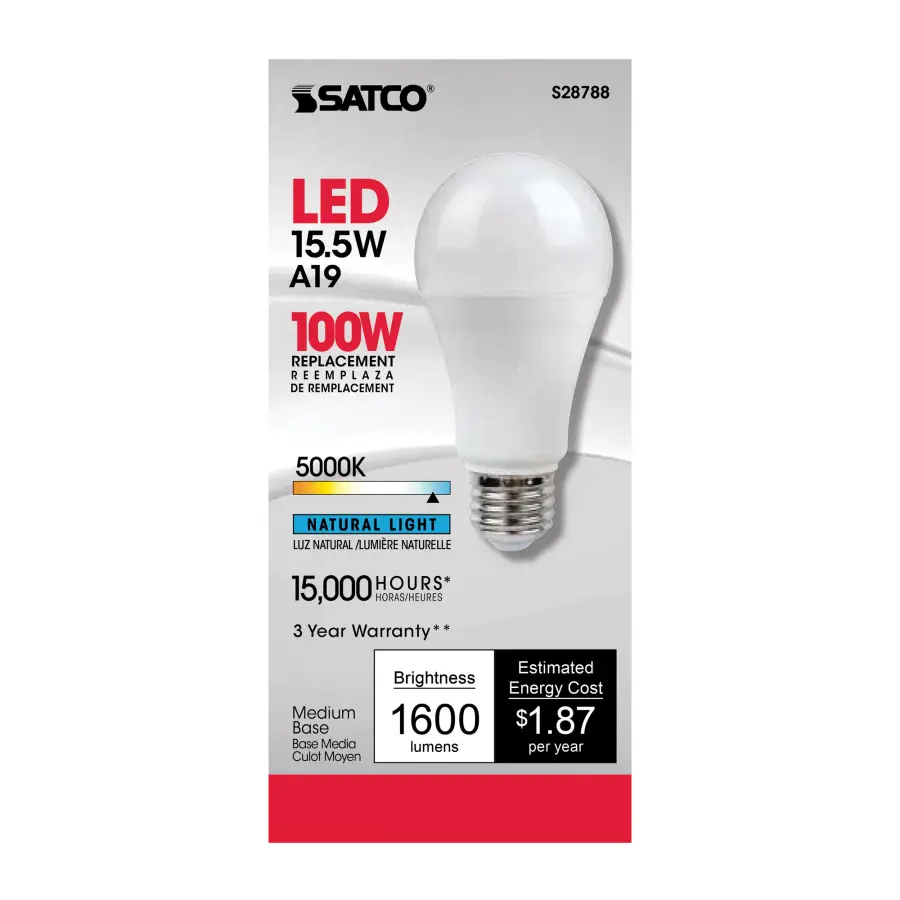 15.5 Watt - A19 LED - 5000K - Medium base - 220 deg. Beam Angle -120 Volt - Image 2