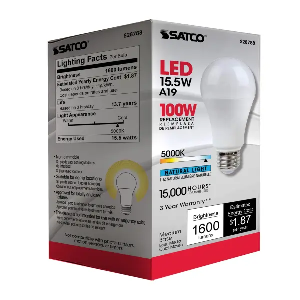 15.5 Watt - A19 LED - 5000K - Medium base - 220 deg. Beam Angle -120 Volt - Image 6