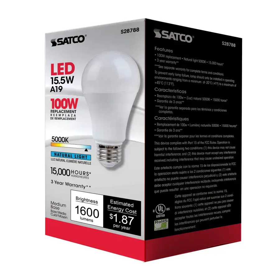 15.5 Watt - A19 LED - 5000K - Medium base - 220 deg. Beam Angle -120 Volt - Image 7