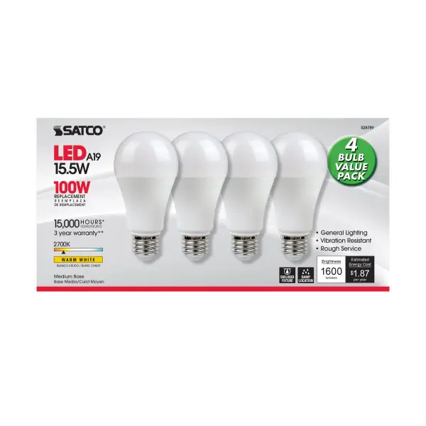 15.5 Watt - A19 LED - 2700K - Medium base - 220 deg. Beam Angle -120 Volt - 4-pack - Image 3