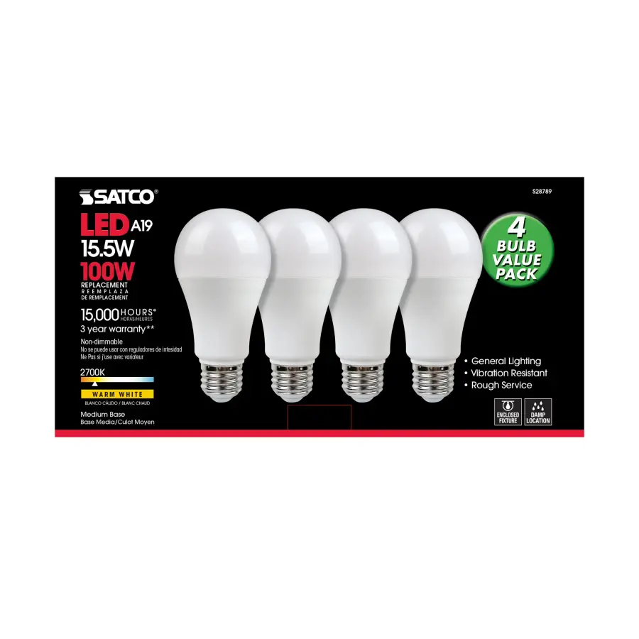 15.5 Watt - A19 LED - 2700K - Medium base - 220 deg. Beam Angle -120 Volt - 4-pack - Image 4