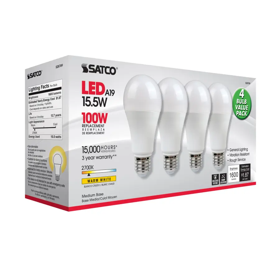 15.5 Watt - A19 LED - 2700K - Medium base - 220 deg. Beam Angle -120 Volt - 4-pack - Image 8
