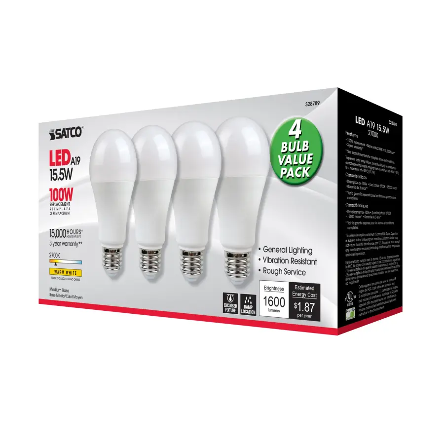 15.5 Watt - A19 LED - 2700K - Medium base - 220 deg. Beam Angle -120 Volt - 4-pack - Image 9