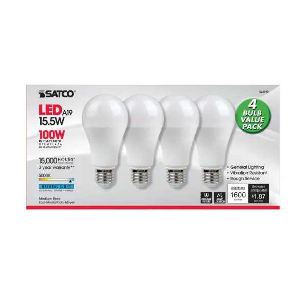 15.5 Watt - A19 LED - 5000K - Medium base - 220 deg. Beam Angle -120 Volt - 4-pack - alternate view