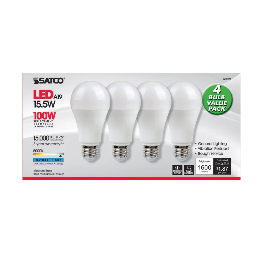 15.5 Watt - A19 LED - 5000K - Medium base - 220 deg. Beam Angle -120 Volt - 4-pack - Image 2