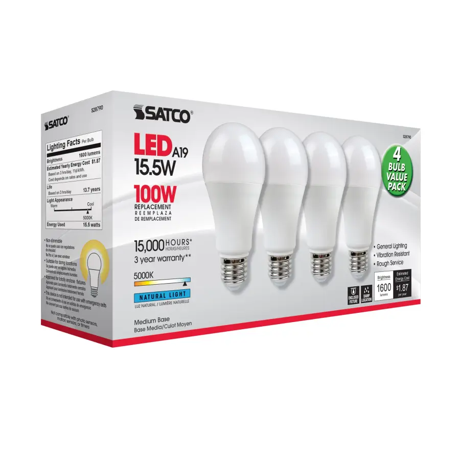 15.5 Watt - A19 LED - 5000K - Medium base - 220 deg. Beam Angle -120 Volt - 4-pack - Image 6