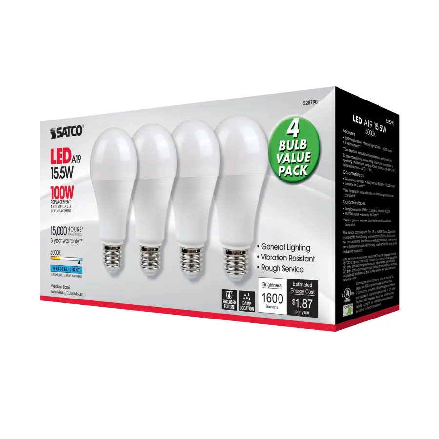 15.5 Watt - A19 LED - 5000K - Medium base - 220 deg. Beam Angle -120 Volt - 4-pack - Image 7
