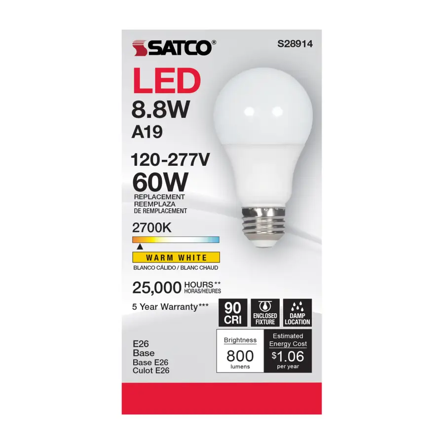 8.8W - A19 LED - 2700K - Medium base - 220 deg. Beam Angle - 120-277V - Image 3