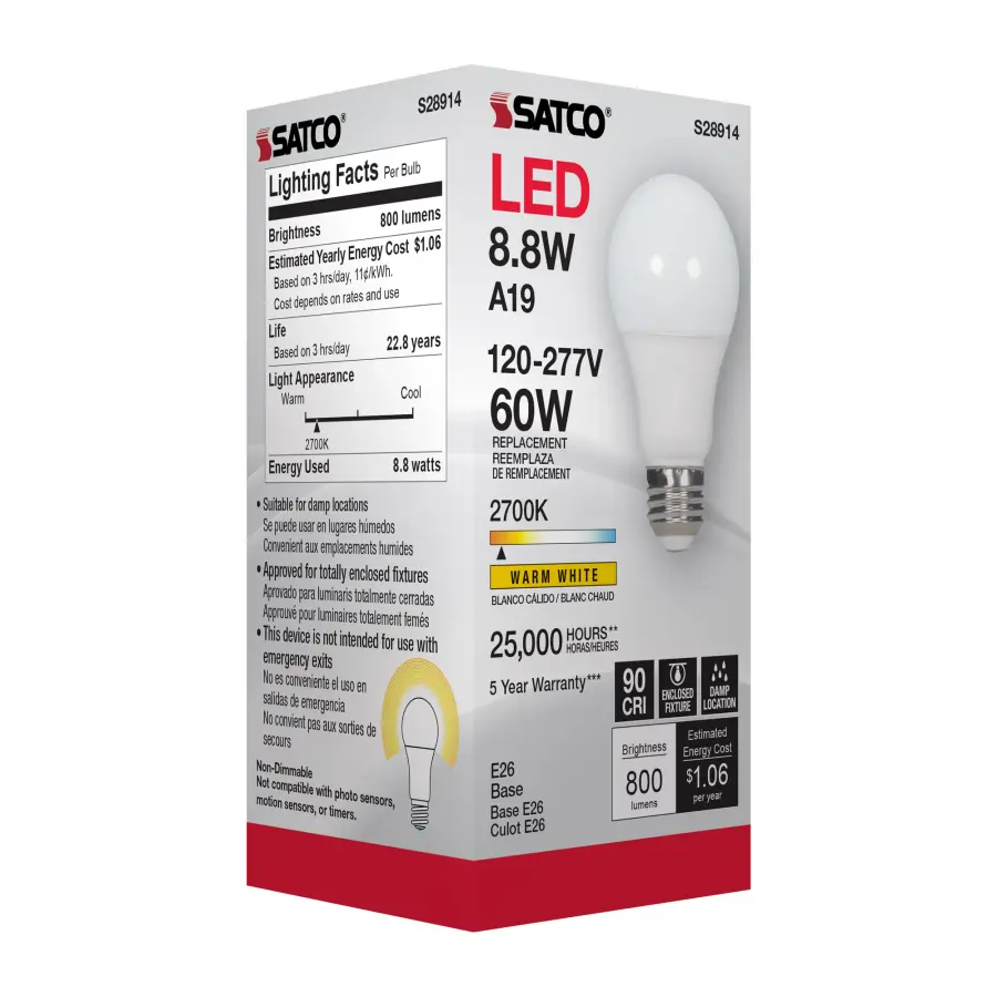 8.8W - A19 LED - 2700K - Medium base - 220 deg. Beam Angle - 120-277V - Image 8