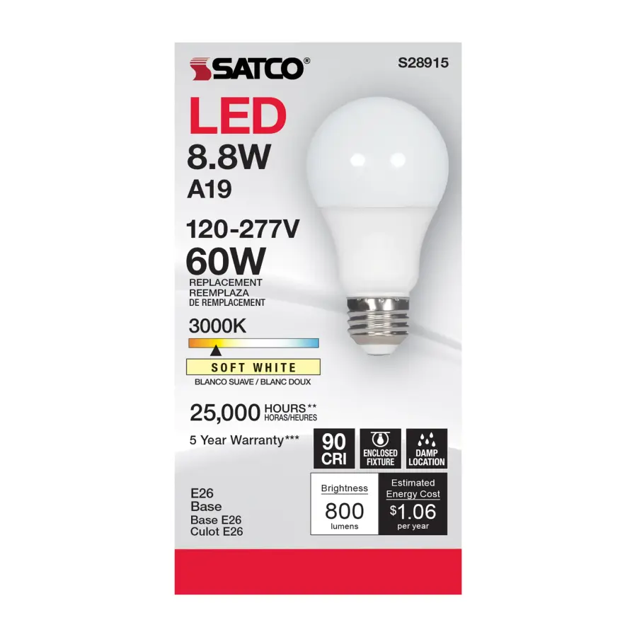 8.8W - A19 LED - 3000K - Medium base - 220 deg. Beam Angle - 120-277V - Image 3