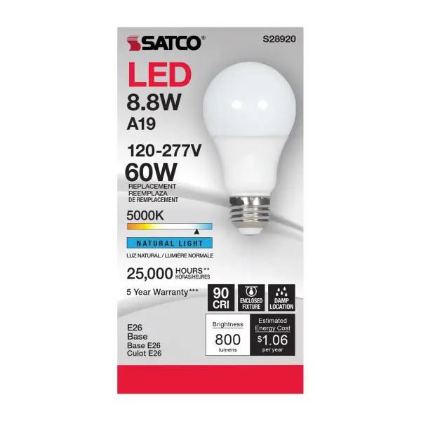 8.8W - A19 LED - 5000K - Medium base - 220 deg. Beam Angle - 120-277V - Image 3