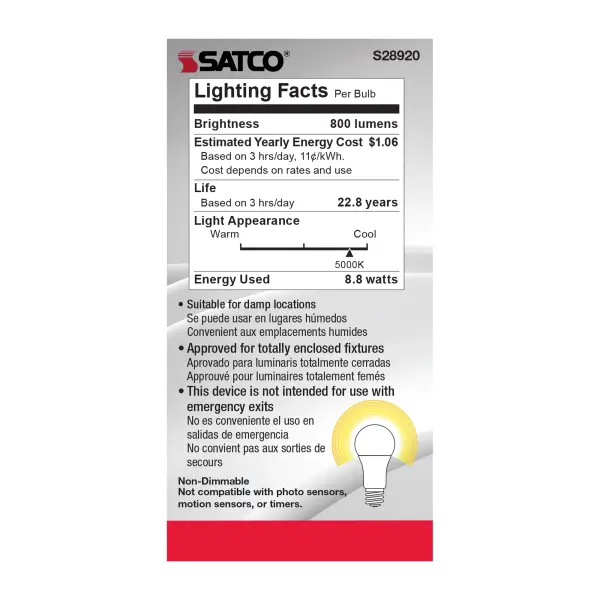 8.8W - A19 LED - 5000K - Medium base - 220 deg. Beam Angle - 120-277V - Image 6