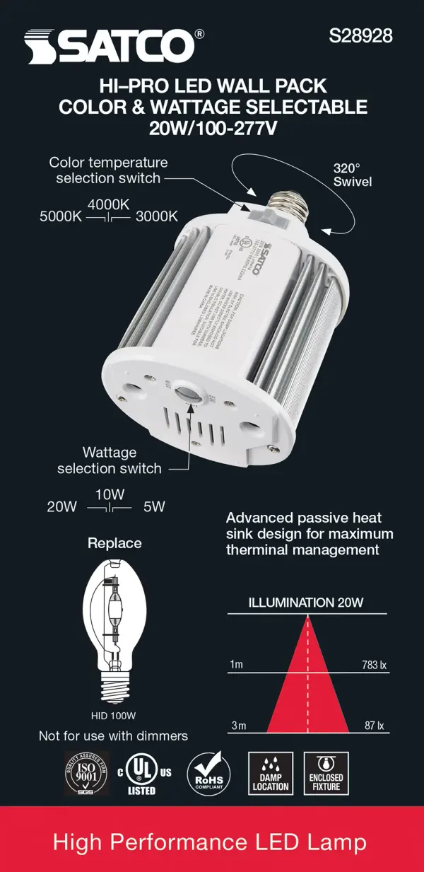 5/10/20 Wattage Selectable - LED Hi-Pro Wall Pack - CCT Selectable 3K/4K/5K - Type B - Ballast Bypass - Medium base - 100-277 Volt - ColorQuick Technology - PowerQuick Technology - Image 9