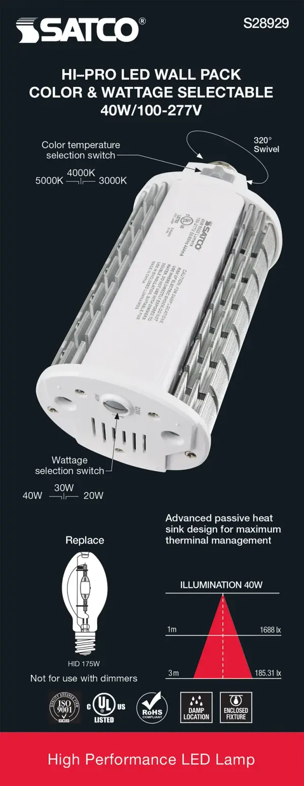 20/30/40 Wattage Selectable - LED Hi-Pro Wall Pack - CCT Selectable 3K/4K/5K - Type B - Ballast Bypass - Medium base - 100-277 Volt - ColorQuick Technology - PowerQuick Technology - Image 8