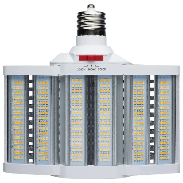 SATCO NUVO's LED Hi-Pro Lamps offer a 320 degree rotating EX39 base making the installation of these lamps easier than ever. The two different on-unit CCT and Wattage Selectable switches give the user the power to customize the lighting for each unique environment. The notable design of the expandable light panels, when used in its fully open operating position, provides a 180 degree beam angle that enables the user to focus the light distribution exactly where it is needed the most. The outstanding heat dissipation, the ballast bypass feature, and the integrated 4kV surge protection make these the perfect HID replacement for shoebox fixtures and commercial area lighting. An optional 10kV hardwire surge protector is available to provide an additional level of protection when needed.