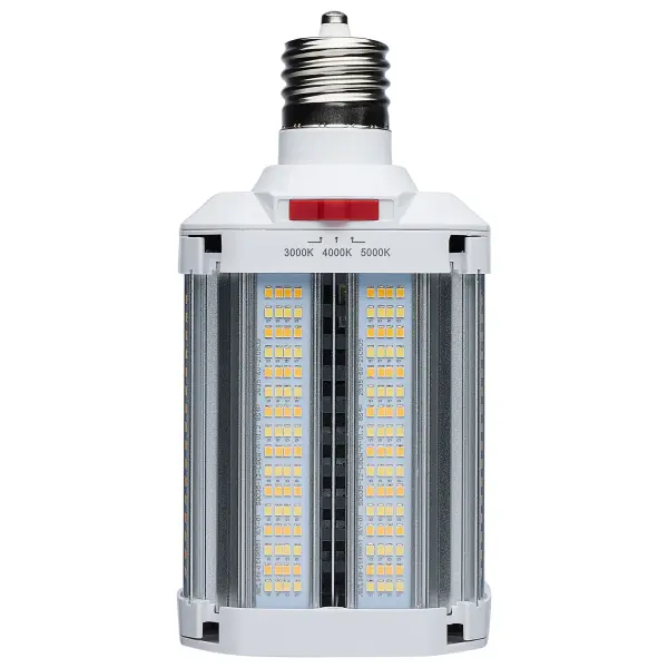 SATCO NUVO's LED Hi-Pro Lamps offer a 320 degree rotating EX39 base making the installation of these lamps easier than ever. The two different on-unit CCT and Wattage Selectable switches give the user the power to customize the lighting for each unique environment. The notable design of the expandable light panels, when used in its fully open operating position, provides a 180 degree beam angle that enables the user to focus the light distribution exactly where it is needed the most. The outstanding heat dissipation, the ballast bypass feature, and the integrated 4kV surge protection make these the perfect HID replacement for shoebox fixtures and commercial area lighting. An optional 10kV hardwire surge protector is available to provide an additional level of protection when needed. - alternate view