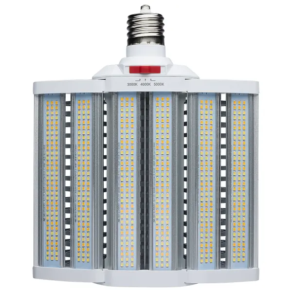 SATCO NUVO's LED Hi-Pro Lamps offer a 320 degree rotating EX39 base making the installation of these lamps easier than ever. The two different on-unit CCT and Wattage Selectable switches give the user the power to customize the lighting for each unique environment. The notable design of the expandable light panels, when used in its fully open operating position, provides a 180 degree beam angle that enables the user to focus the light distribution exactly where it is needed the most. The outstanding heat dissipation, the ballast bypass feature, and the integrated 4kV surge protection make these the perfect HID replacement for shoebox fixtures and commercial area lighting. An optional 10kV hardwire surge protector is available to provide an additional level of protection when needed.