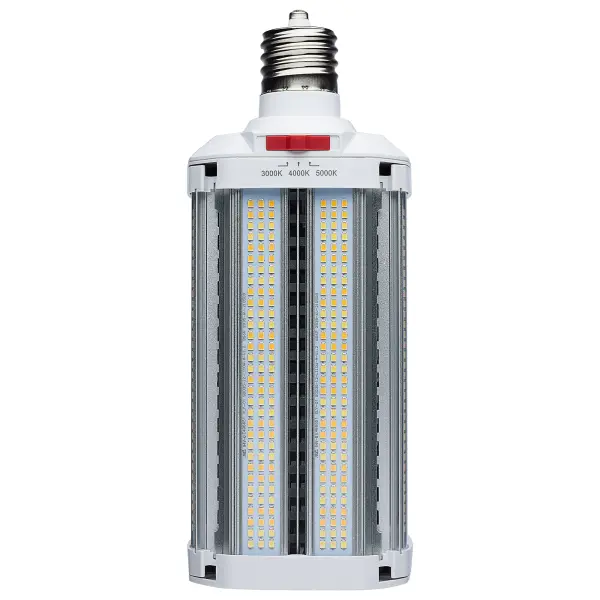 SATCO NUVO's LED Hi-Pro Lamps offer a 320 degree rotating EX39 base making the installation of these lamps easier than ever. The two different on-unit CCT and Wattage Selectable switches give the user the power to customize the lighting for each unique environment. The notable design of the expandable light panels, when used in its fully open operating position, provides a 180 degree beam angle that enables the user to focus the light distribution exactly where it is needed the most. The outstanding heat dissipation, the ballast bypass feature, and the integrated 4kV surge protection make these the perfect HID replacement for shoebox fixtures and commercial area lighting. An optional 10kV hardwire surge protector is available to provide an additional level of protection when needed. - alternate view