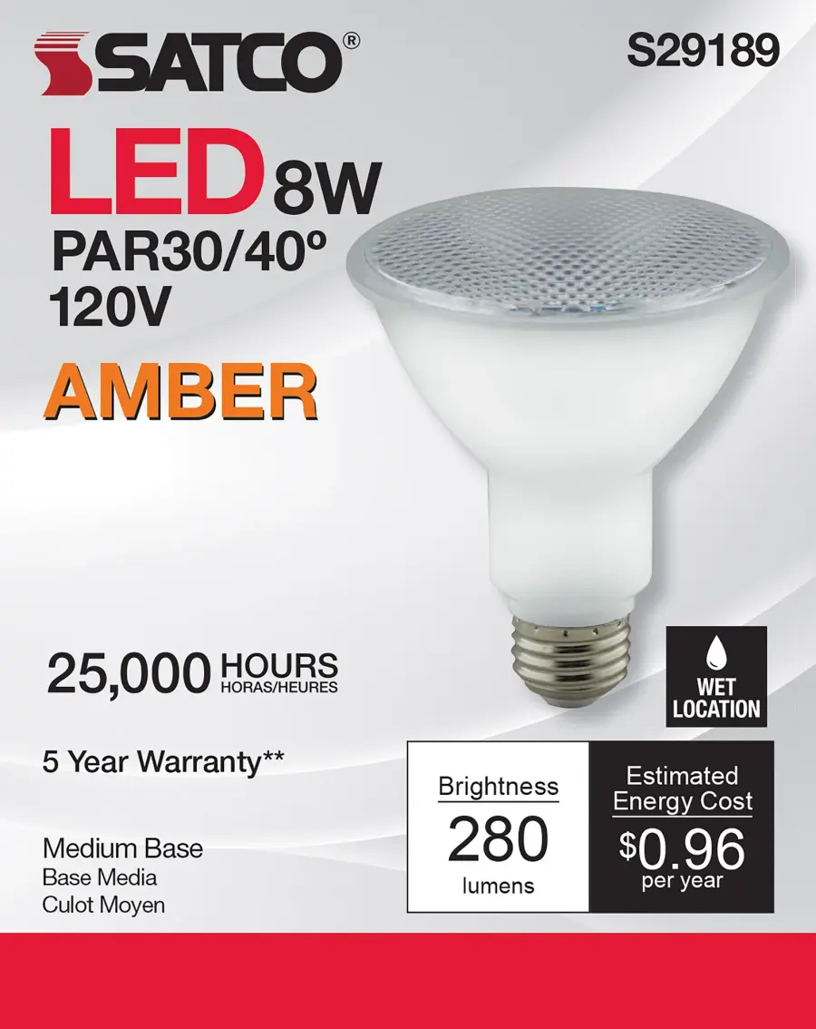 8 Watt - PAR30LN LED - Amber color - 40 deg. Beam Angle - Medium base - 120 Volt - Turtle Friendly - Image 5