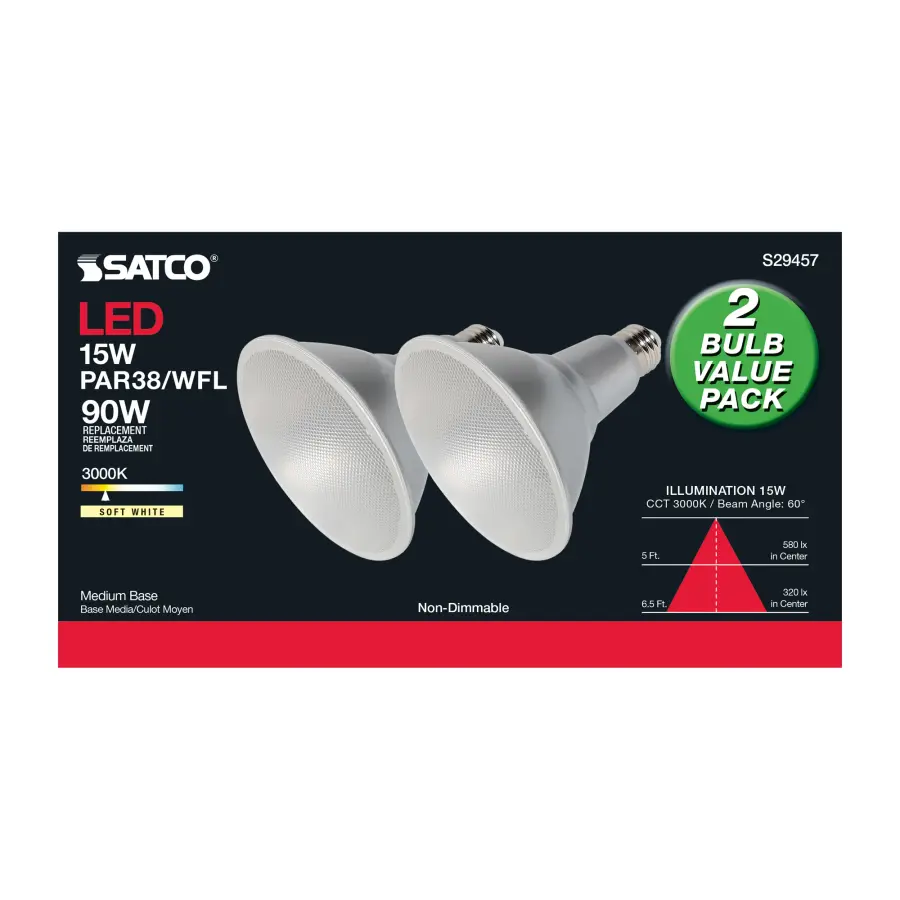 15 Watt - PAR38 LED - 3000K - 60 deg. Beam Angle - Medium base - 120 Volt - 2-Pk - Image 7