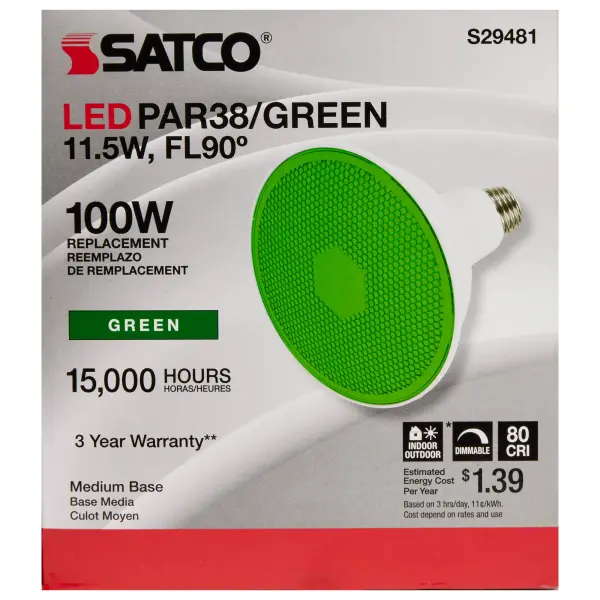 11.5 Watt PAR38 LED - Green - 90 degree Beam Angle - Medium base - 120 Volt - Image 5