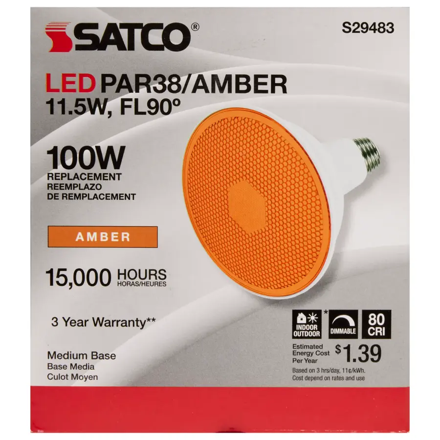 11.5 Watt PAR38 LED - Amber - 90 degree Beam Angle - Medium base - 120 Volt - Image 5