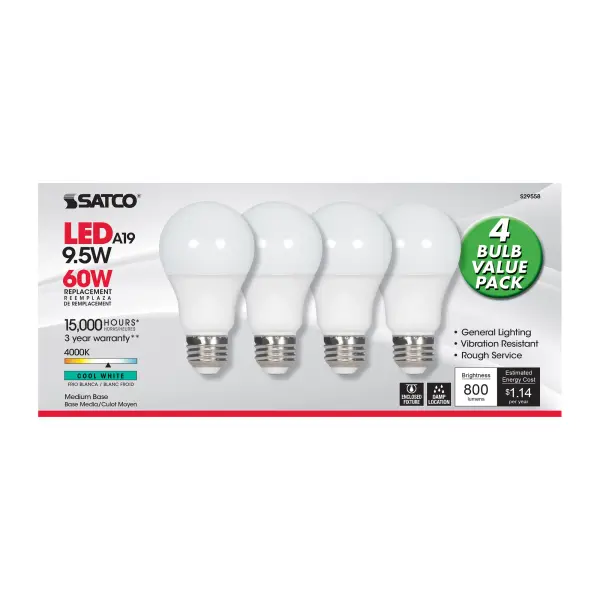 9.5 Watt - A19 LED - Frosted - 4000K - Medium base - 220 deg. Beam Angle - 120 Volt - Non-Dimmable - 4-Pack - Image 3