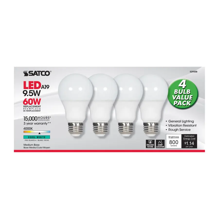 9.5 Watt - A19 LED - Frosted - 4000K - Medium base - 220 deg. Beam Angle - 120 Volt - Non-Dimmable - 4-Pack - Image 3