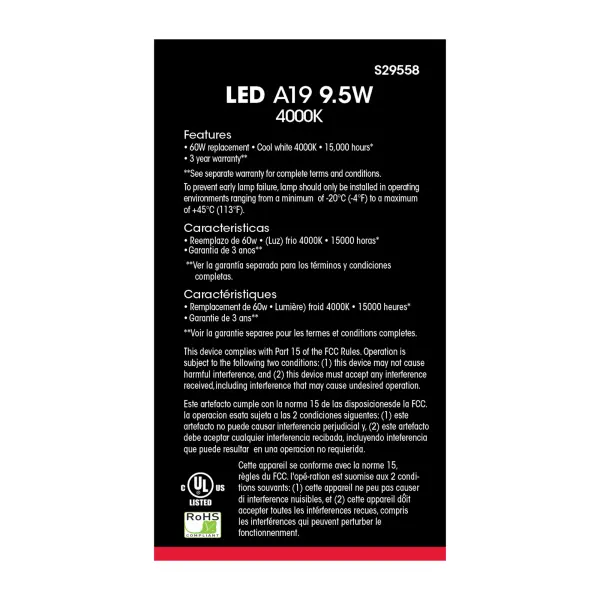 9.5 Watt - A19 LED - Frosted - 4000K - Medium base - 220 deg. Beam Angle - 120 Volt - Non-Dimmable - 4-Pack - Image 4