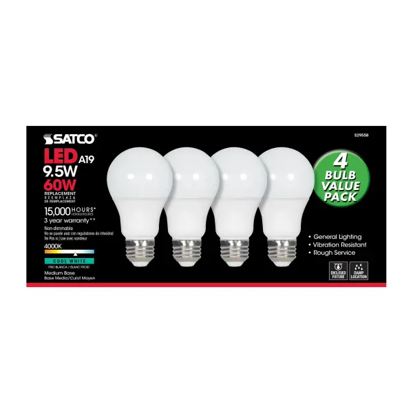 9.5 Watt - A19 LED - Frosted - 4000K - Medium base - 220 deg. Beam Angle - 120 Volt - Non-Dimmable - 4-Pack - Image 6