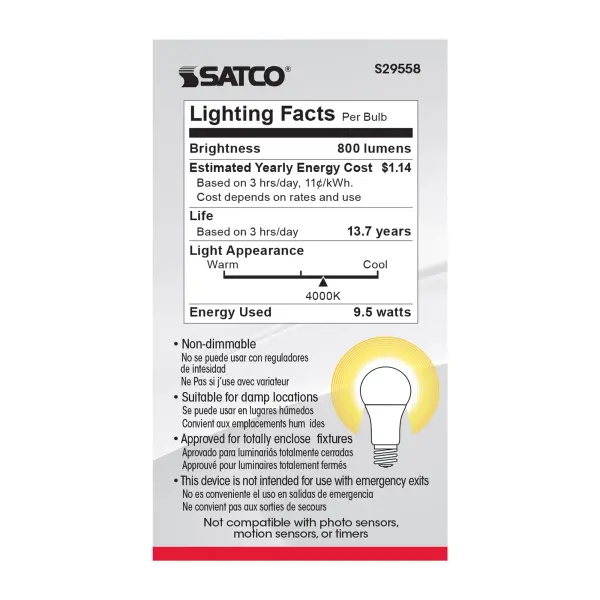 9.5 Watt - A19 LED - Frosted - 4000K - Medium base - 220 deg. Beam Angle - 120 Volt - Non-Dimmable - 4-Pack - Image 7