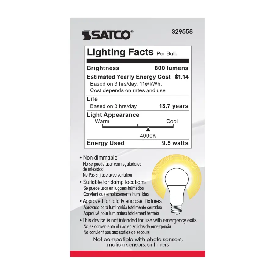 9.5 Watt - A19 LED - Frosted - 4000K - Medium base - 220 deg. Beam Angle - 120 Volt - Non-Dimmable - 4-Pack - Image 7